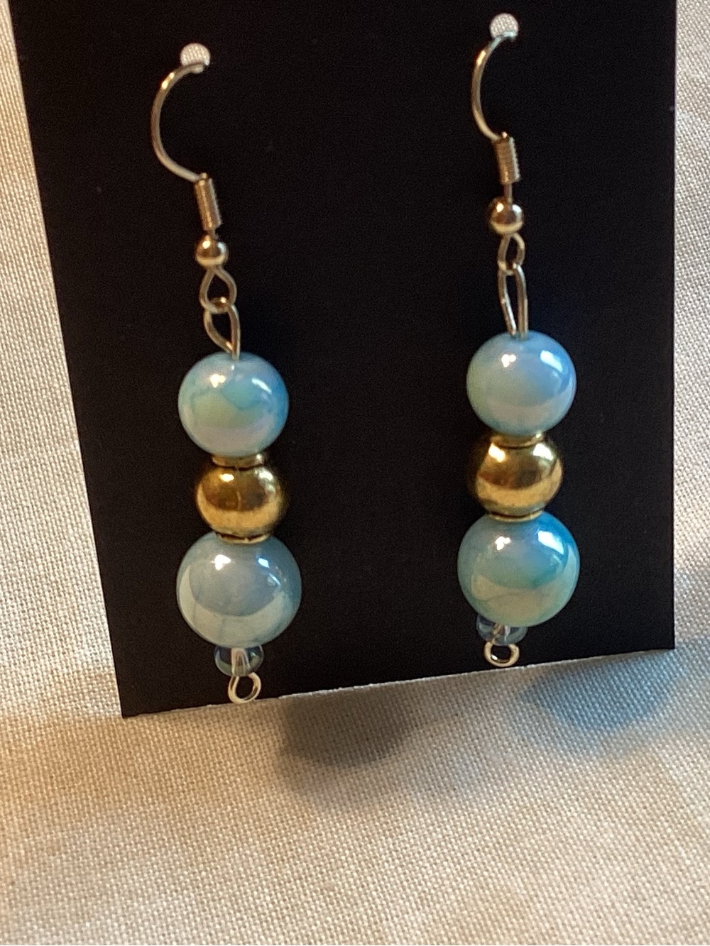 NWOT  Shiny Glass Light Blue Bead and Goldtone Accent Drop Earrings